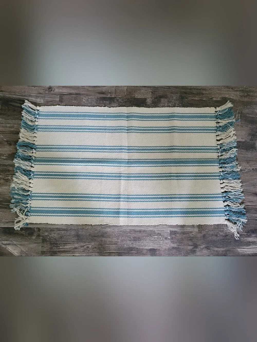 Teal Striped Woven Tassel Layering Rug